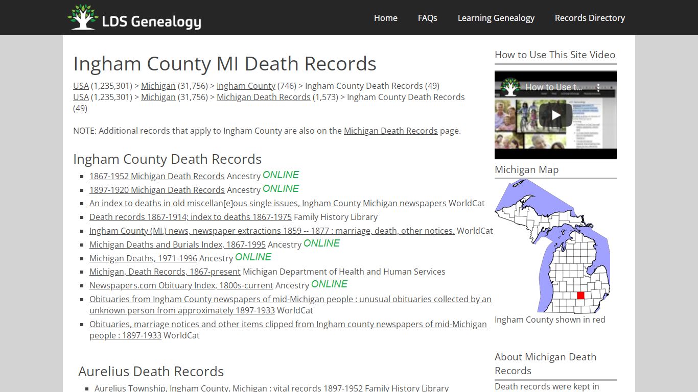 Ingham County MI Death Records - LDS Genealogy